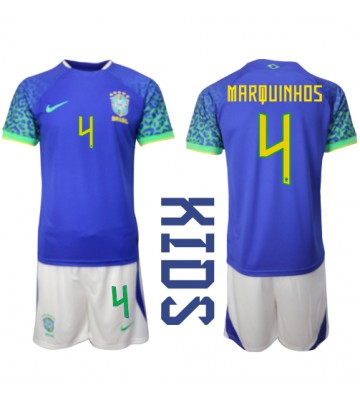 Brazylia Marquinhos #4 Koszulka Wyjazdowych Dziecięca MŚ 2022 Krótki Rękaw (+ Krótkie spodenki)